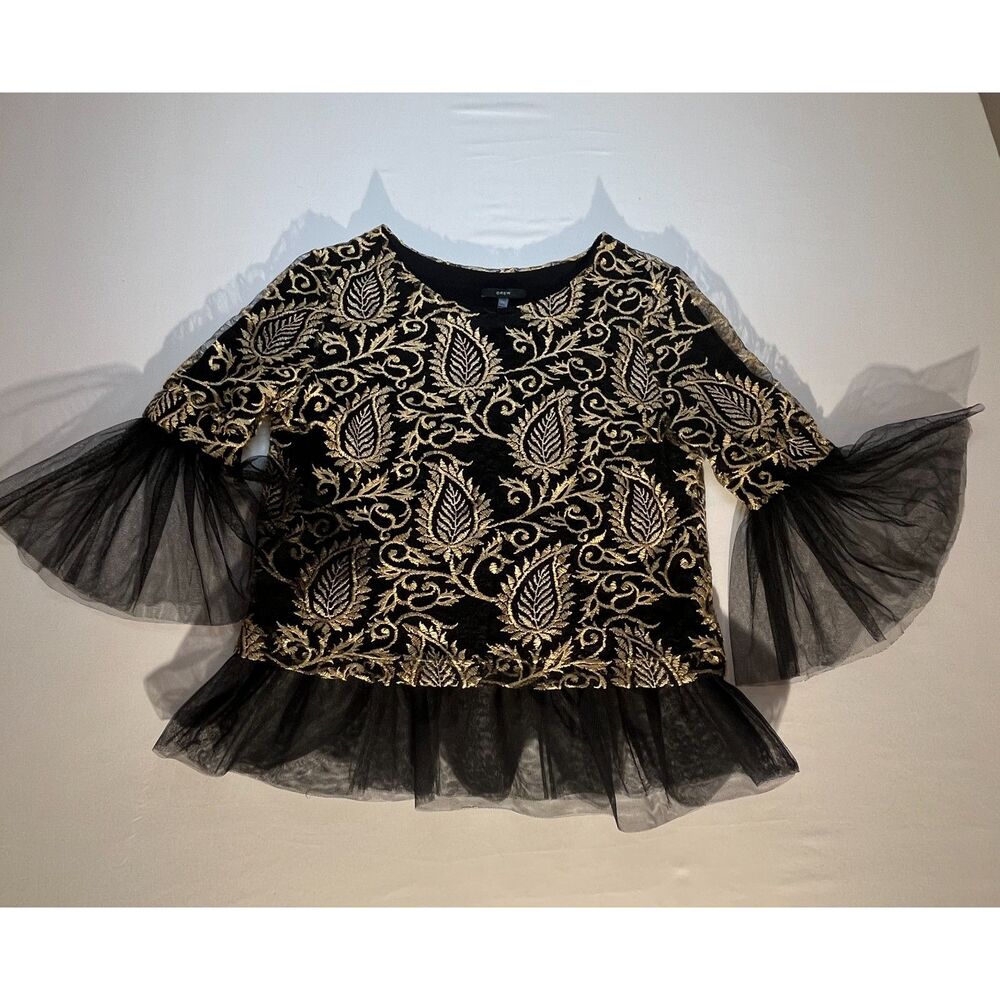 Drew Black Gold Embroidered Tulle Sleeve Peplum Blouse Top Size XS